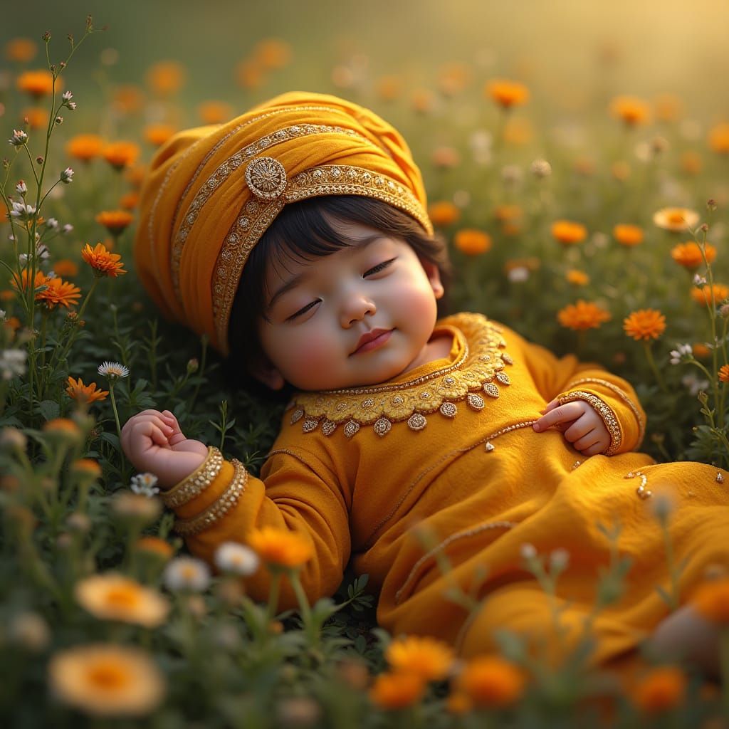 Golden Sikh Child in Lush Meadow, Matte Painting