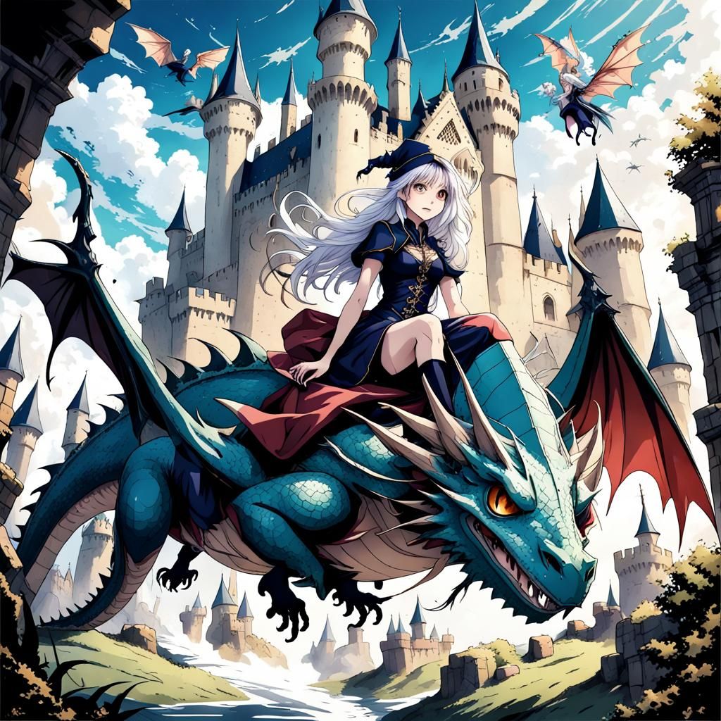 Anime Wizard Girl on Dragon Near Gothic Castle