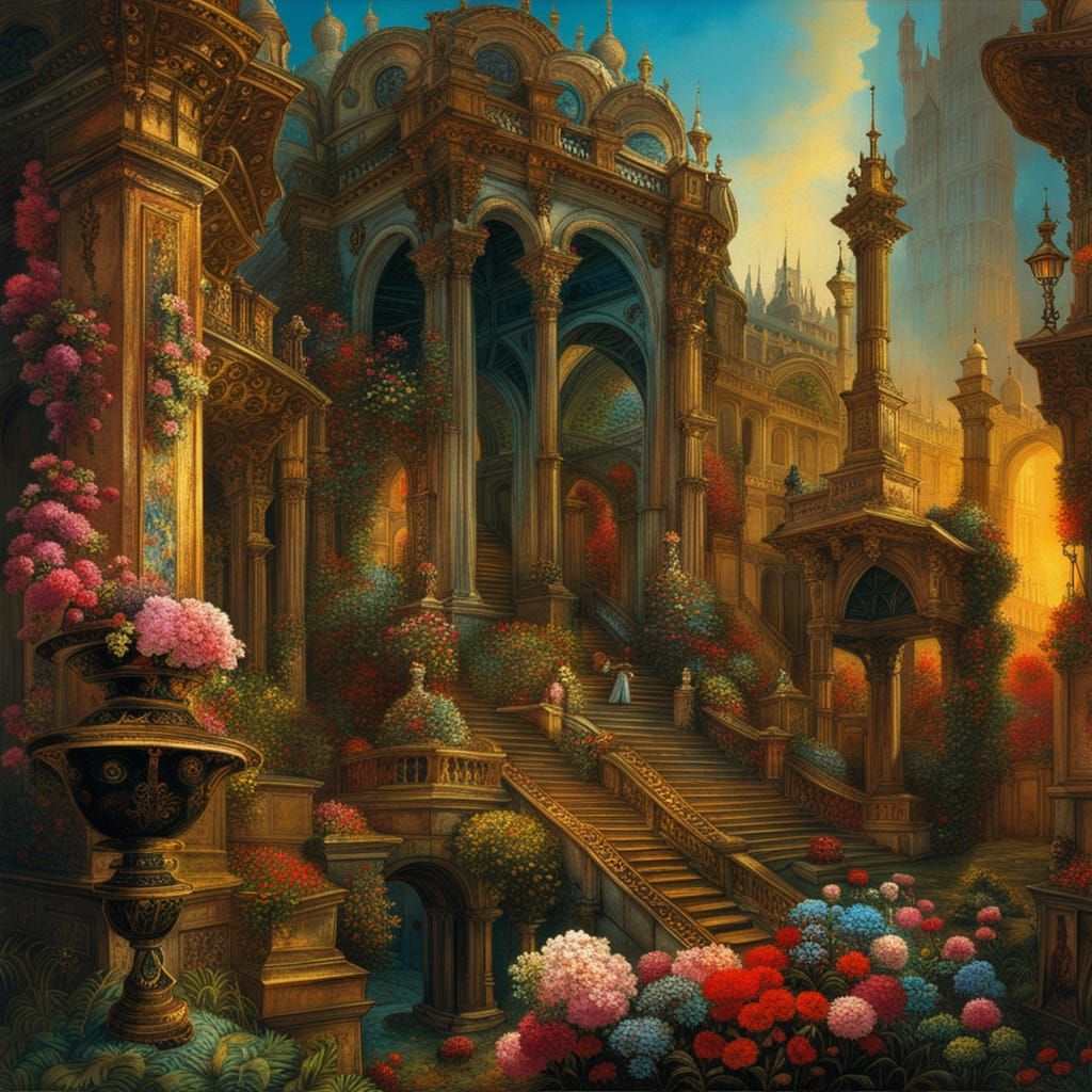 Baroque Palace Gardens with Flowers in Moreau Style