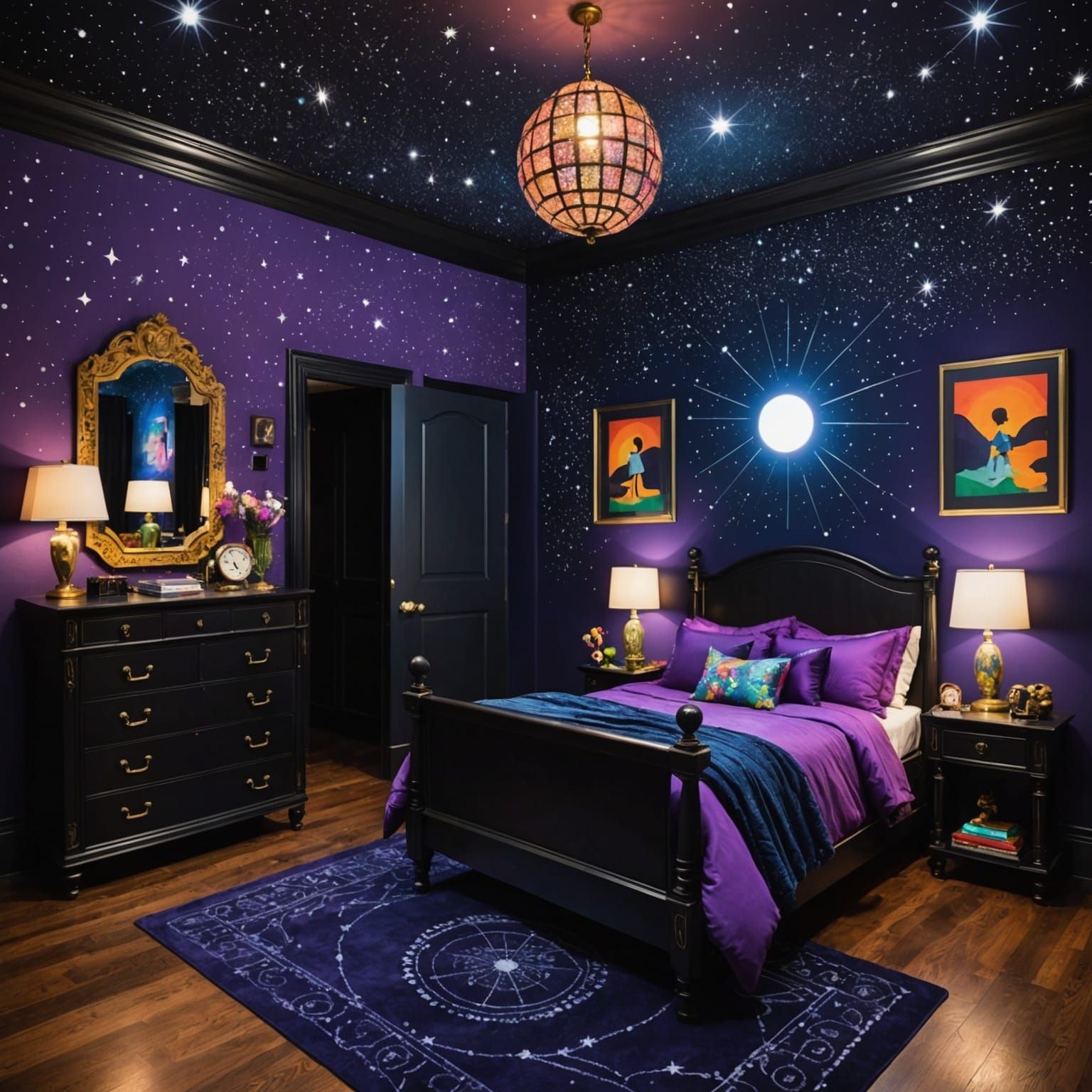 Ornate Art Deco Bedroom with Starry Walls