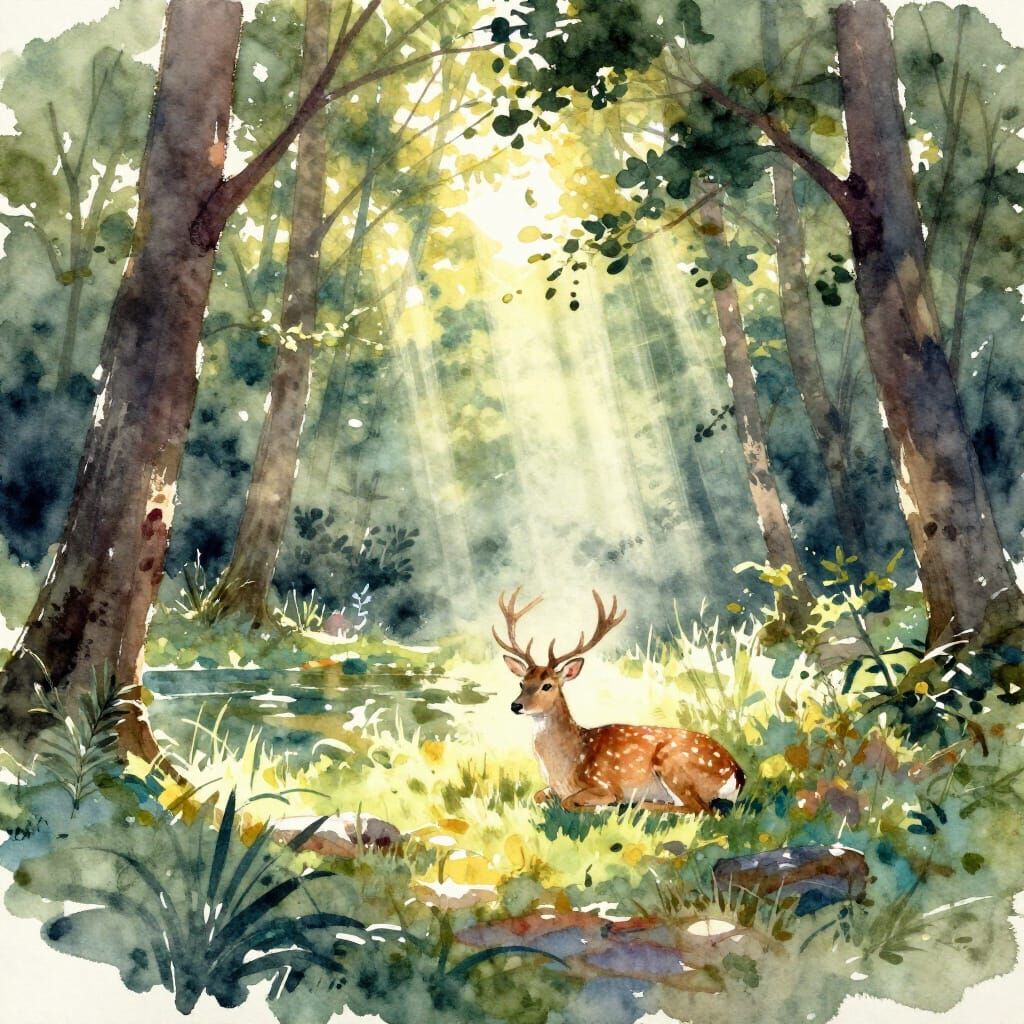 Sunlight Through Forest Illuminates Deer in Watercolor Style