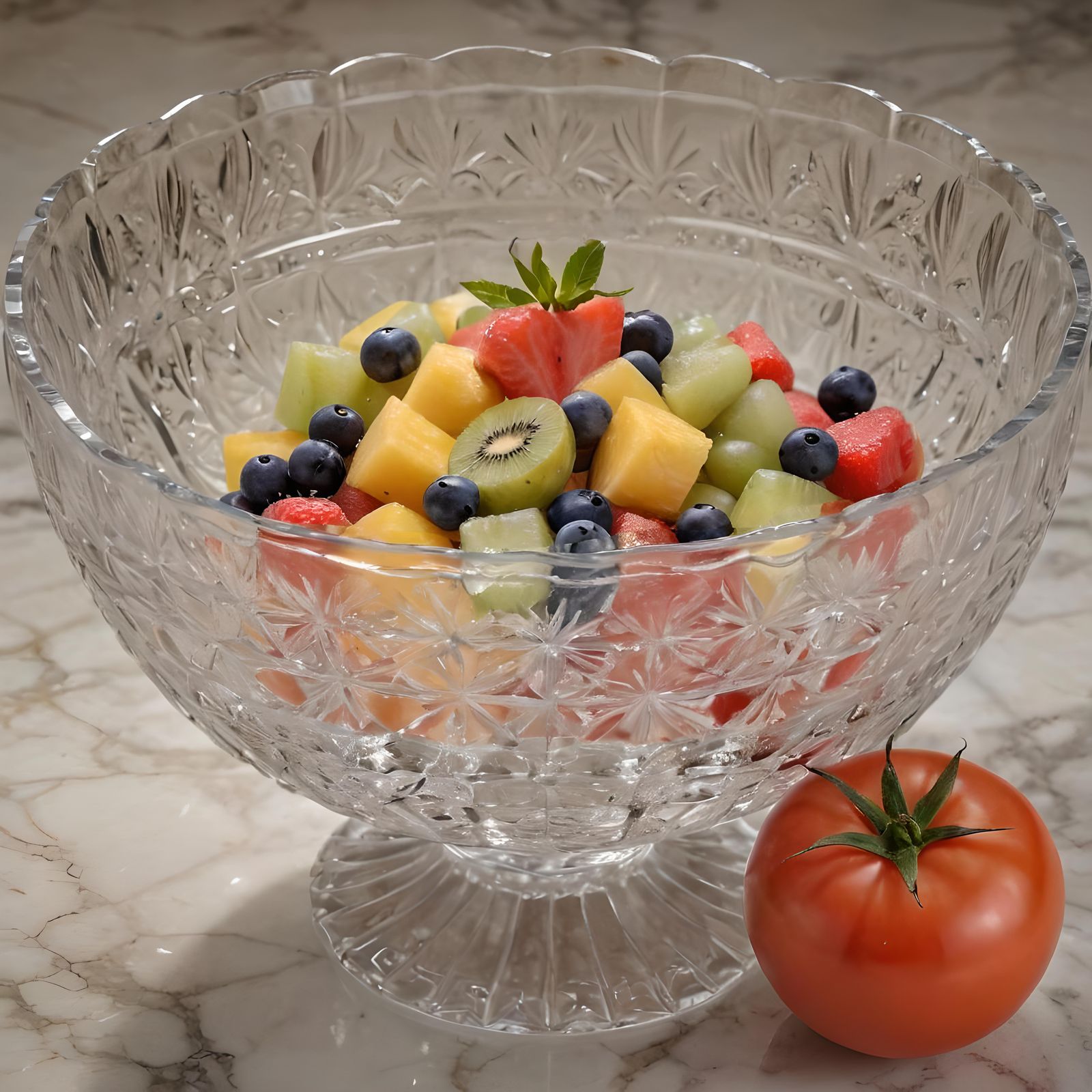 Crystal Bowl Filled with Colorful Fruit Salad