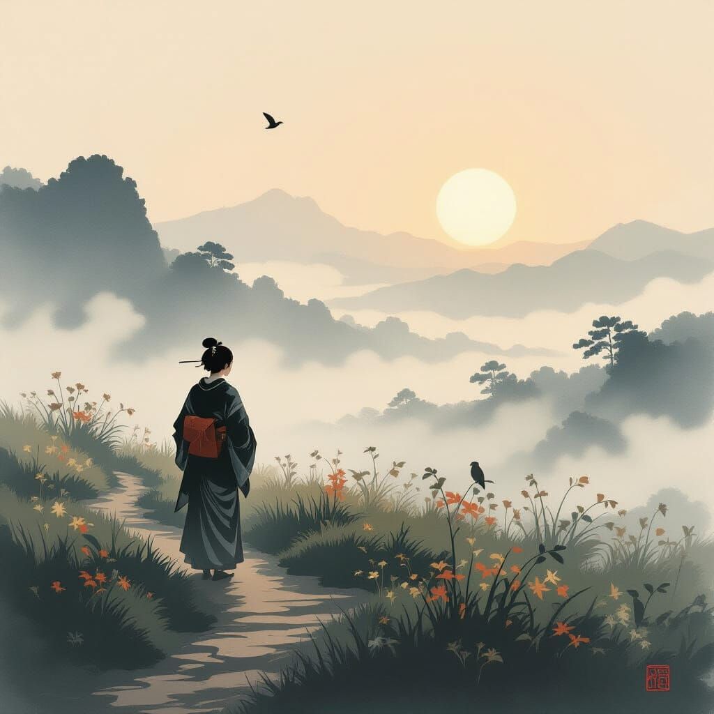 Serene Ukiyo-e Figure on Misty Heath at Sunrise