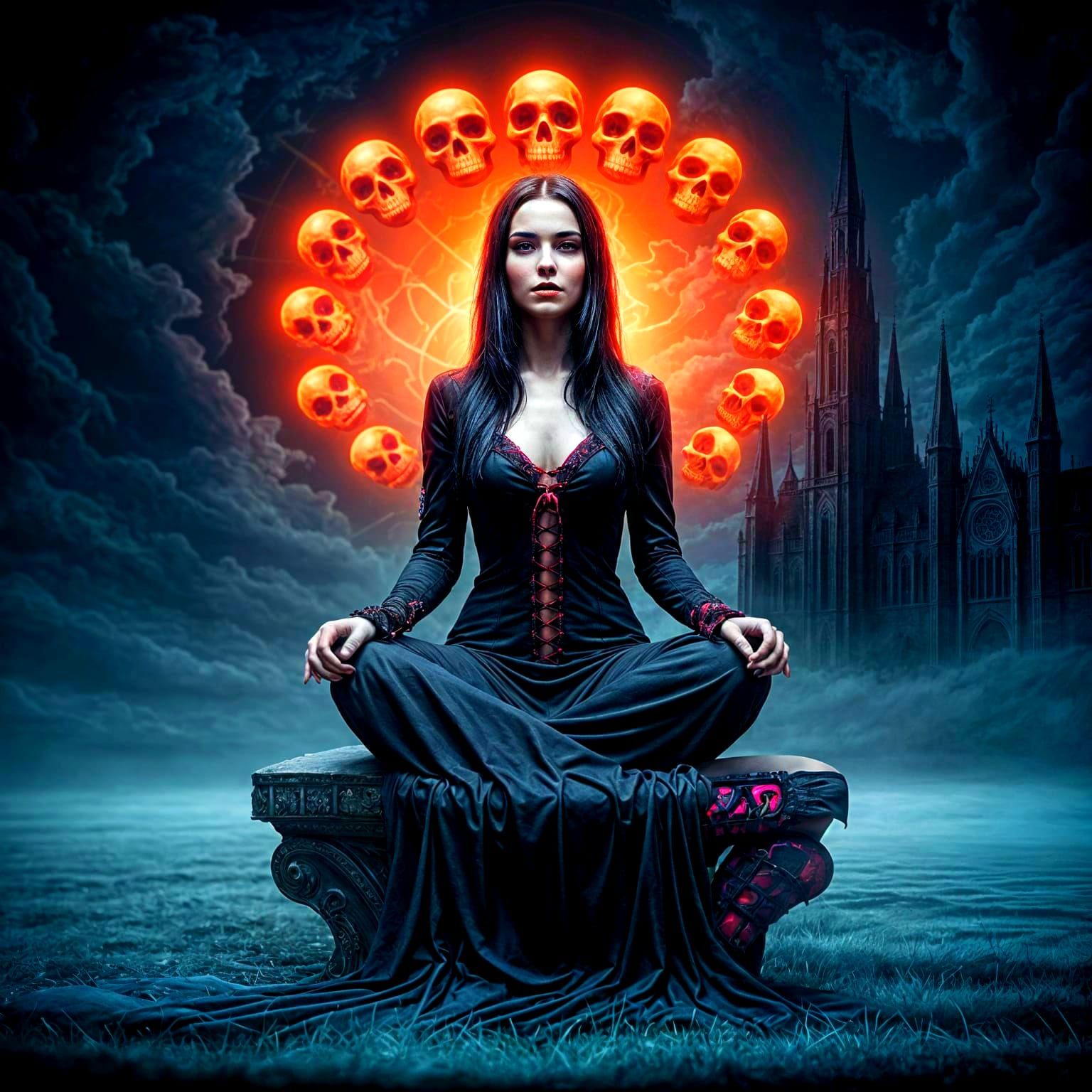 Gothic Vampiric Goddess in Neon Hued Sanctum