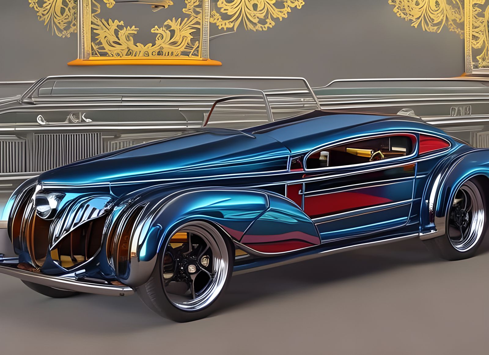 Steampunk Classic Car in Hyperrealistic Cartoon Style