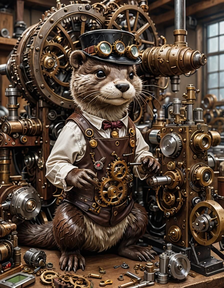 Steampunk Otter in Gear-Filled Workshop