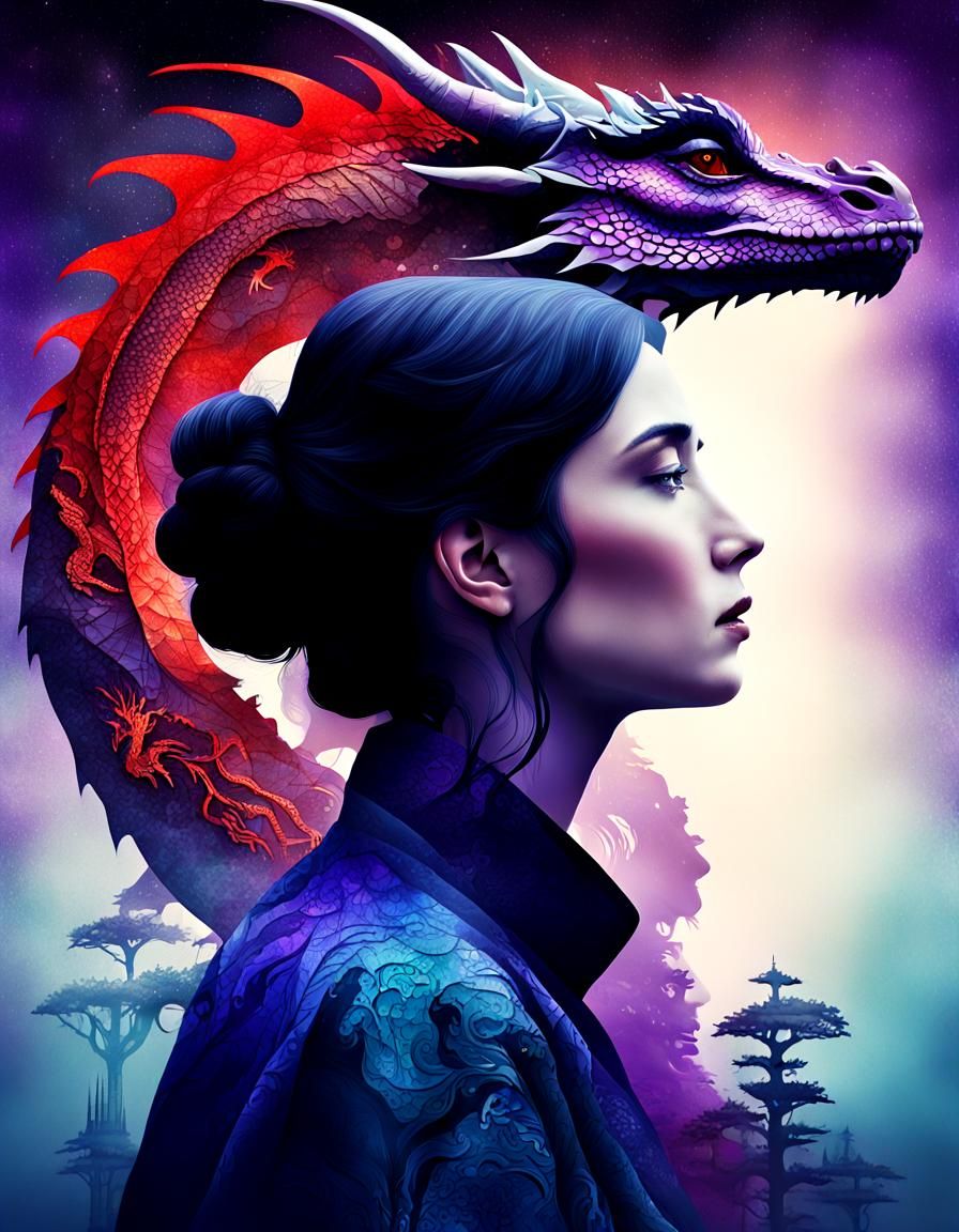 Surreal Dragon and Woman Double Exposure Collage