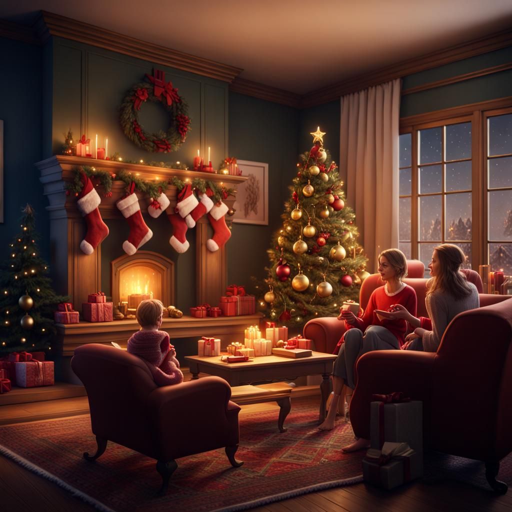 Cozy Christmas Family Scene in Detailed Matte Painting