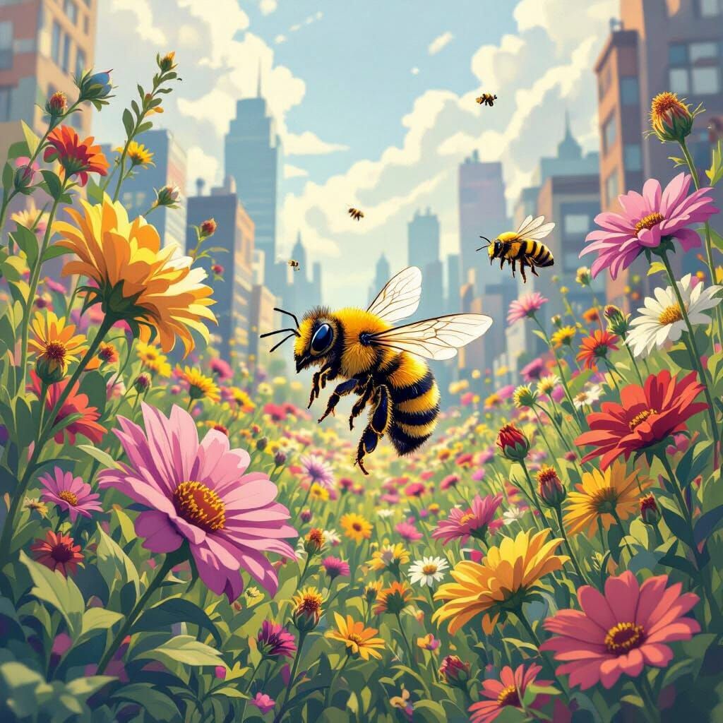 Honeybee's Urban Adventure: A Digital Painting with Watercol...