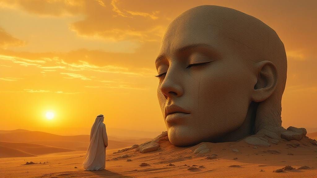 Surreal Desert Stone Head in Dreamlike Setting