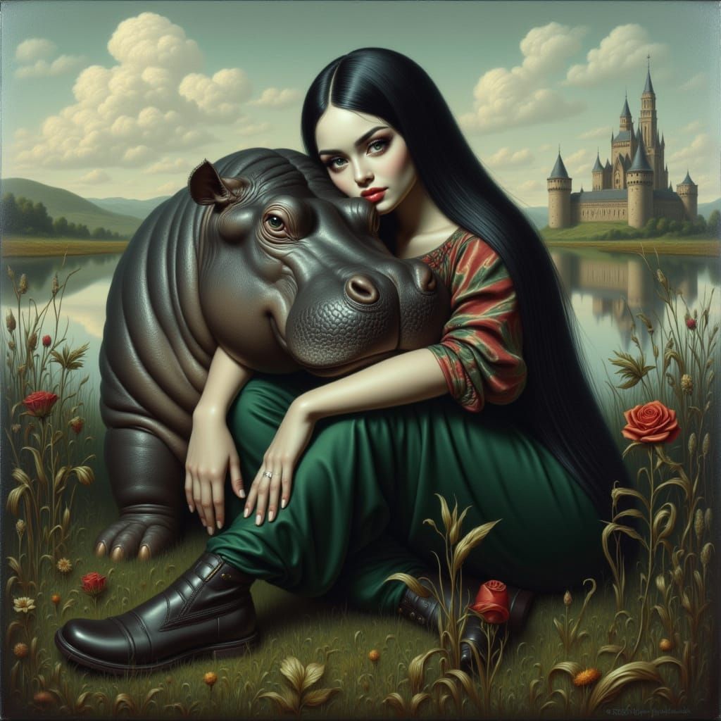 Surreal Baroque Portrait: Woman and Hippo in Marshland