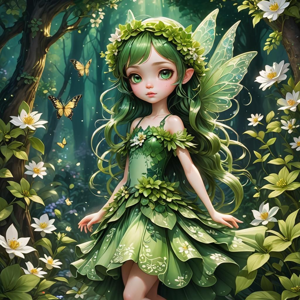 Forest Fairy in Green Flower Dress: Anime Art