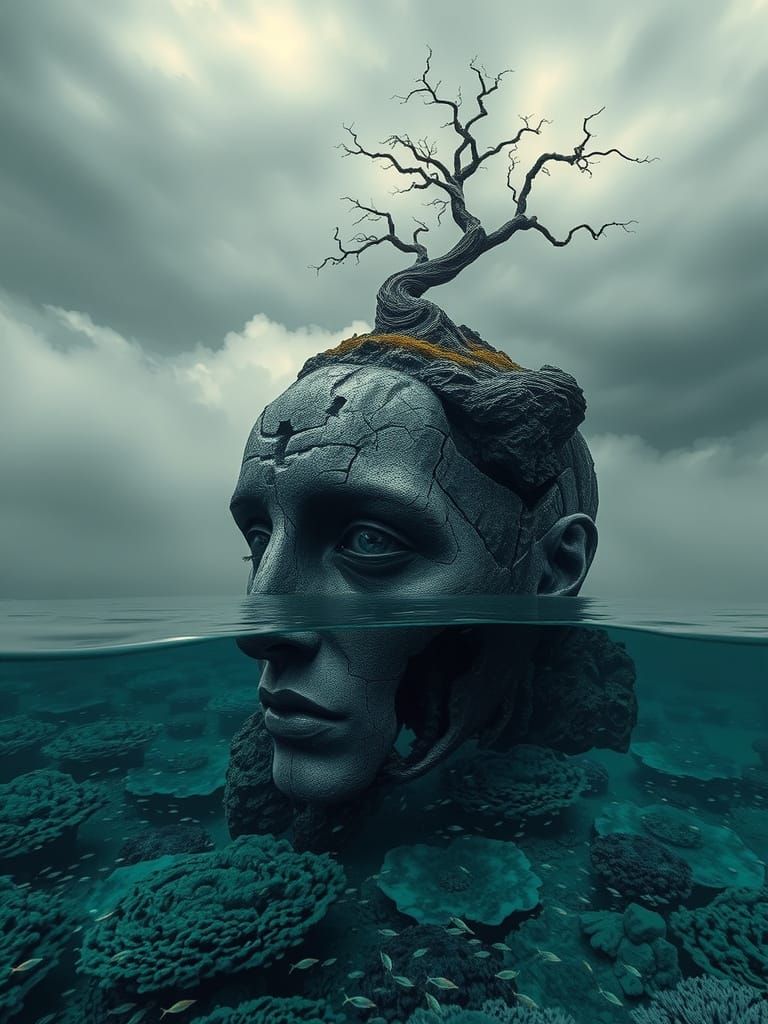 Cracked Human Face Rises from Turquoise Lake in a Haunting S...