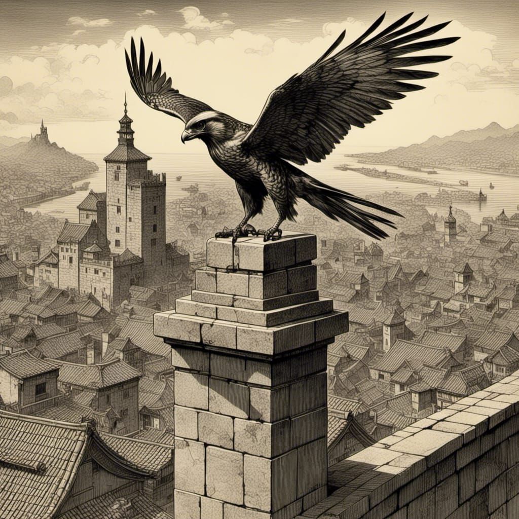 Falcon on Castle Roof in Ukiyo-e Style