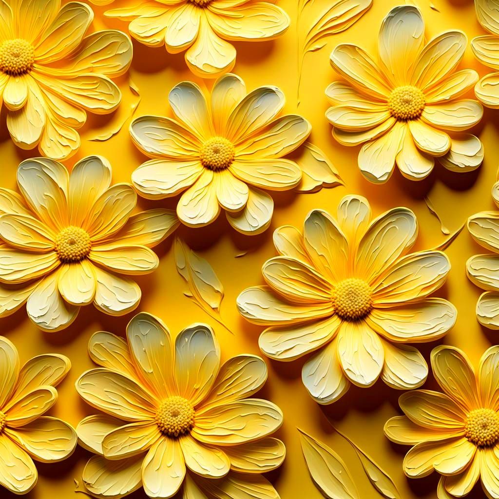 Yellow Flowers in Impasto Painting, Close-Up