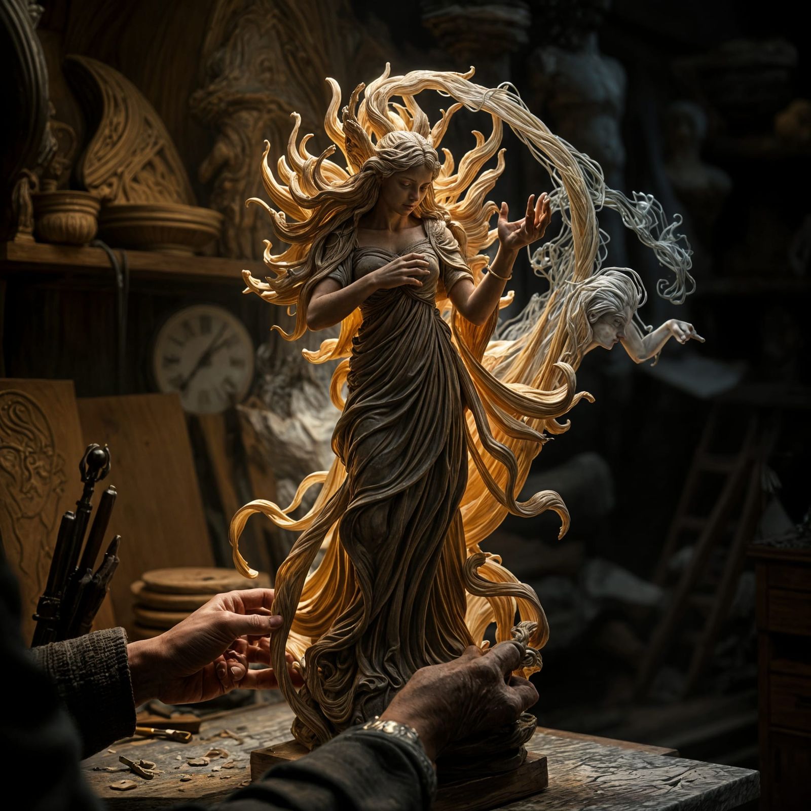 Wood Carving of Goddess Eirian in Dramatic Lighting