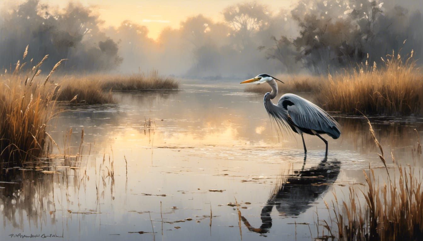 Misty marsh, a heron fording