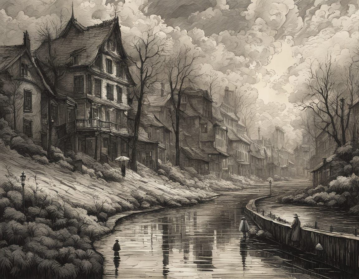 Vintage Stormy Cityscape in Exquisite 8K Ink Sketch Style