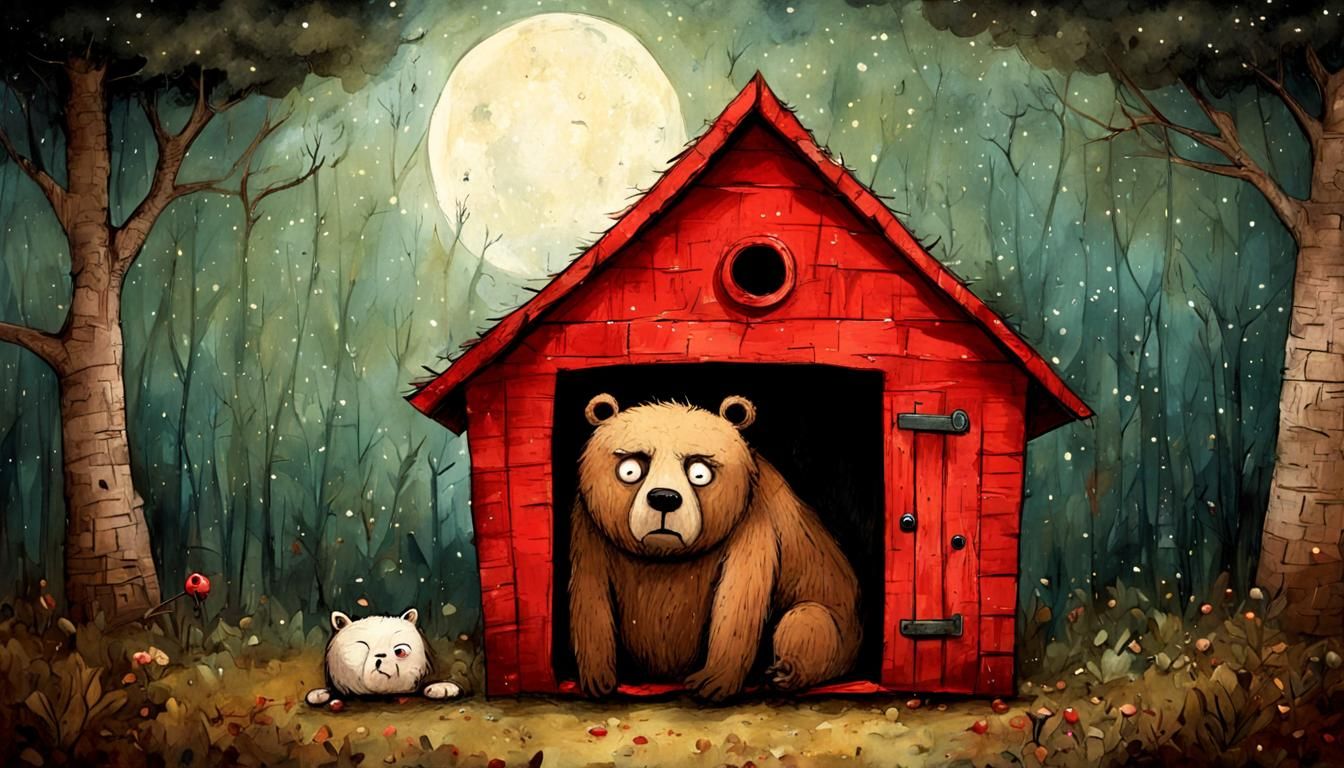 Grumpy Red Bear Snoozes in Dog House, Wide Eyes and Frowning