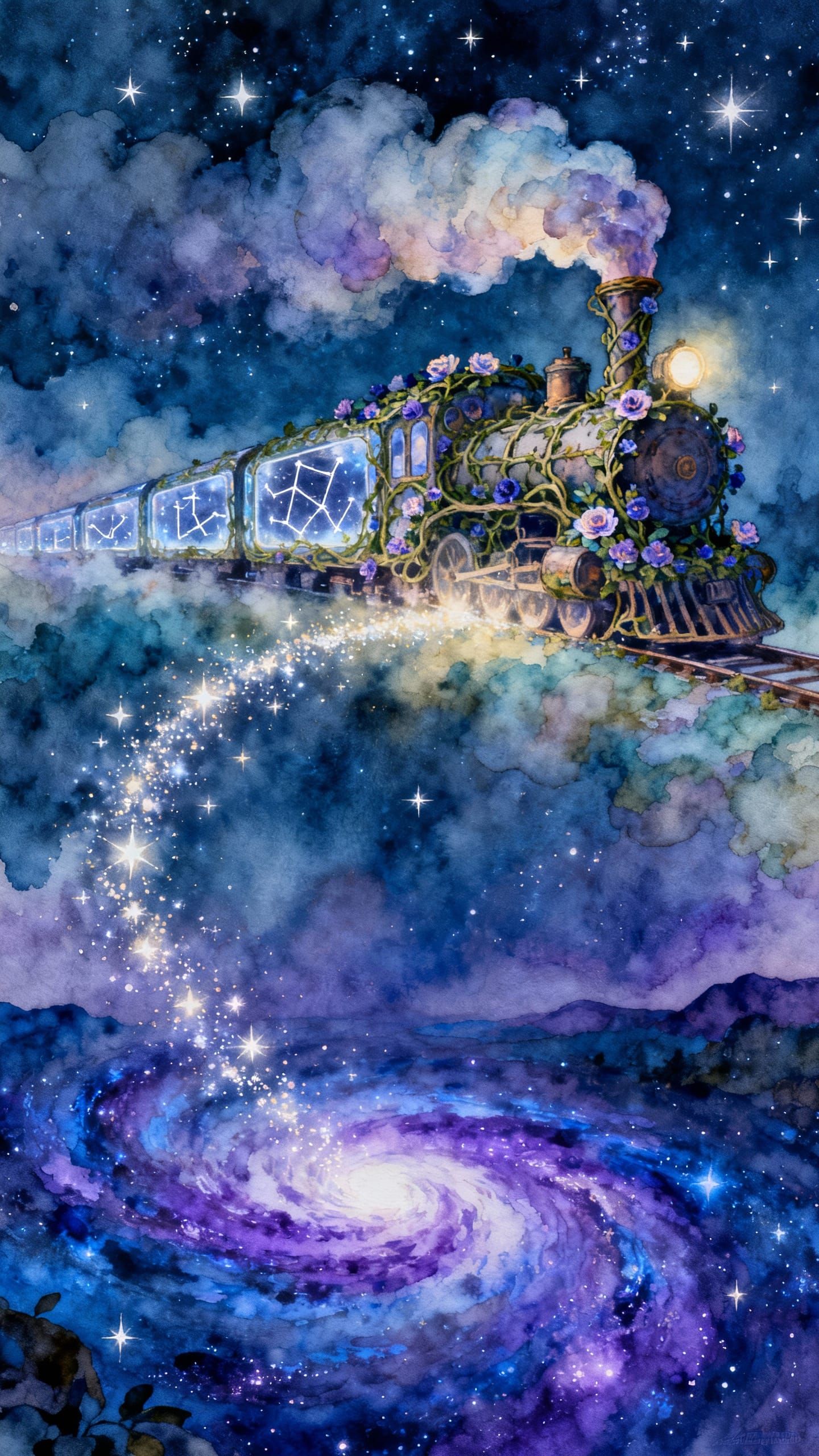 Cosmic Steam Train Through Starlit Sky