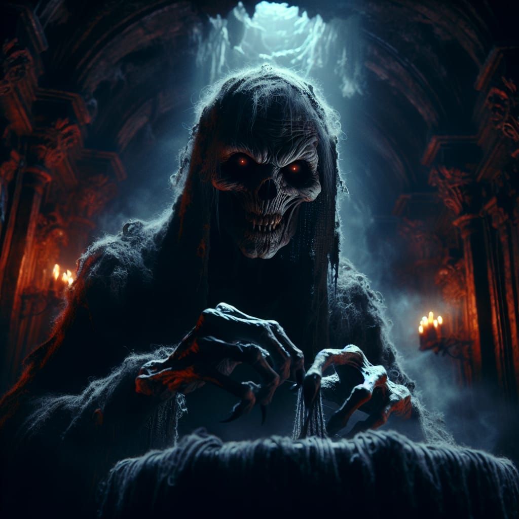 Eerily Cursed Crypt Keeper in Matte Painting Style