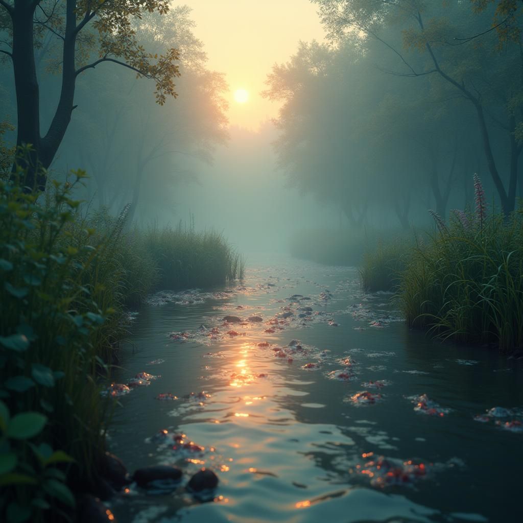 Bioluminescent River at Sunrise: Fantastical Matte Painting