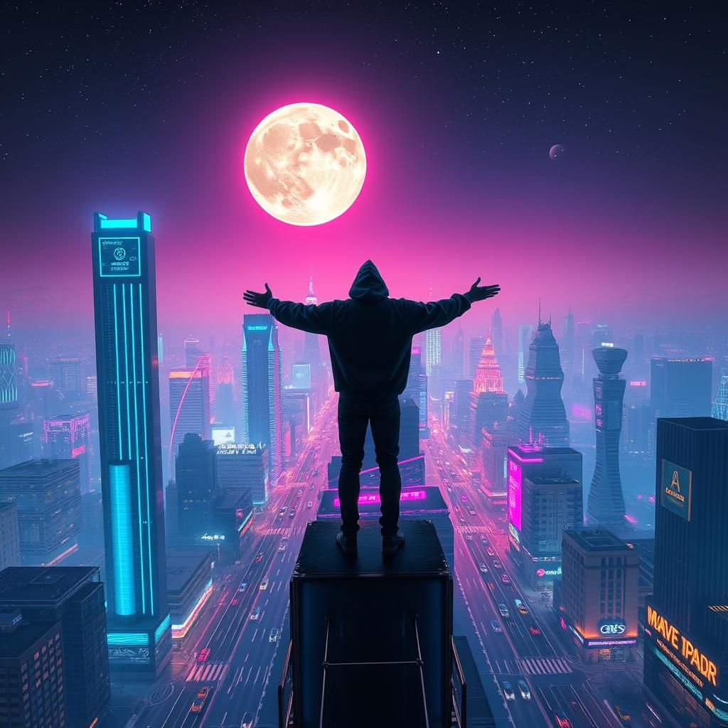 Neon Cityscape with Lone Figure in Cyberpunk Style