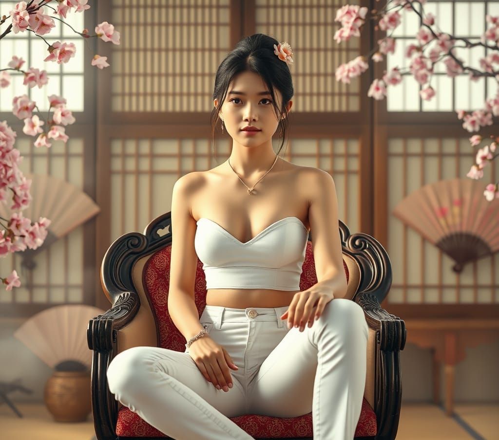 Japanese Woman in White Jeans on Ornate Chair