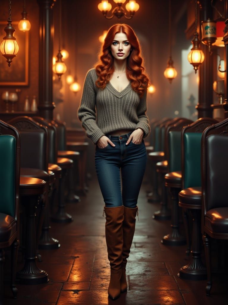 Retro Romantic Portrait of a Woman in Vintage Bar