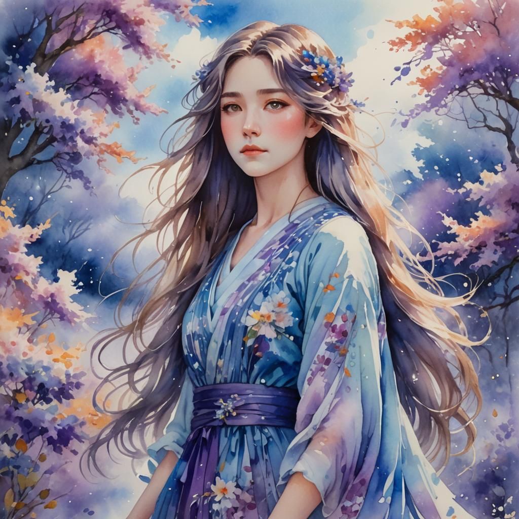 Anime Watercolor Portrait of Woman in Autumn Flowers