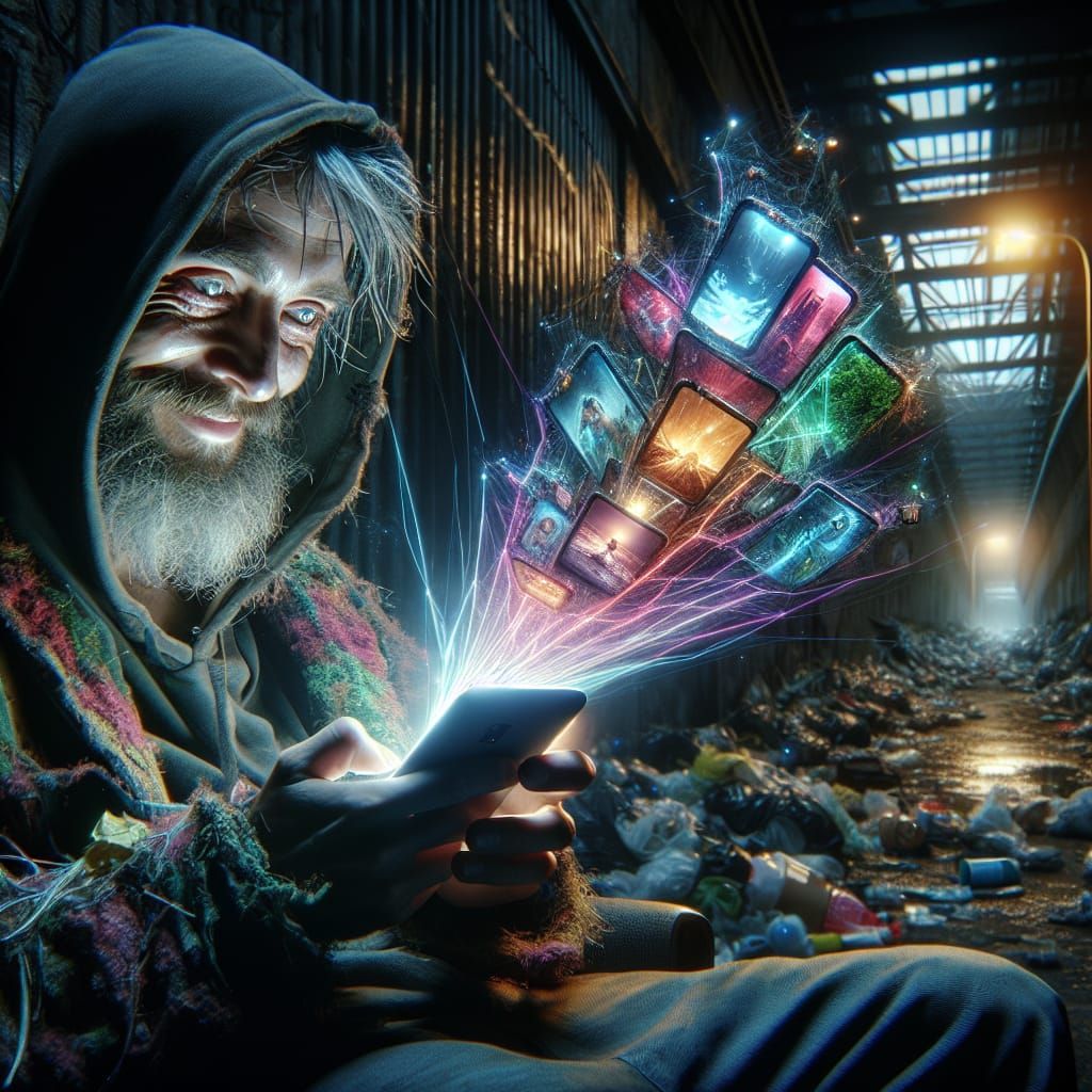 Gritty Urban Recluse Captivated by Smartphone