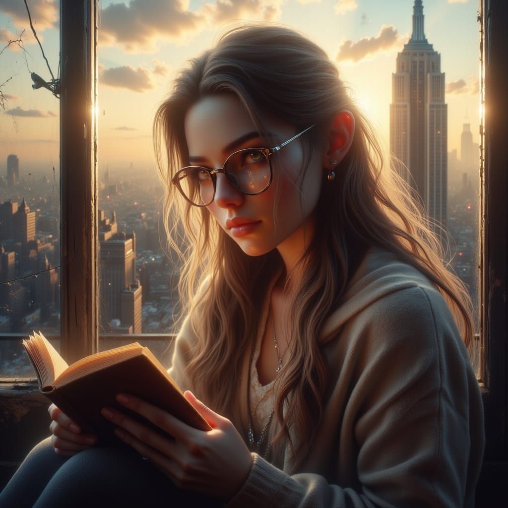 Girl Reading on Balcony with Empire State Building at Golden...