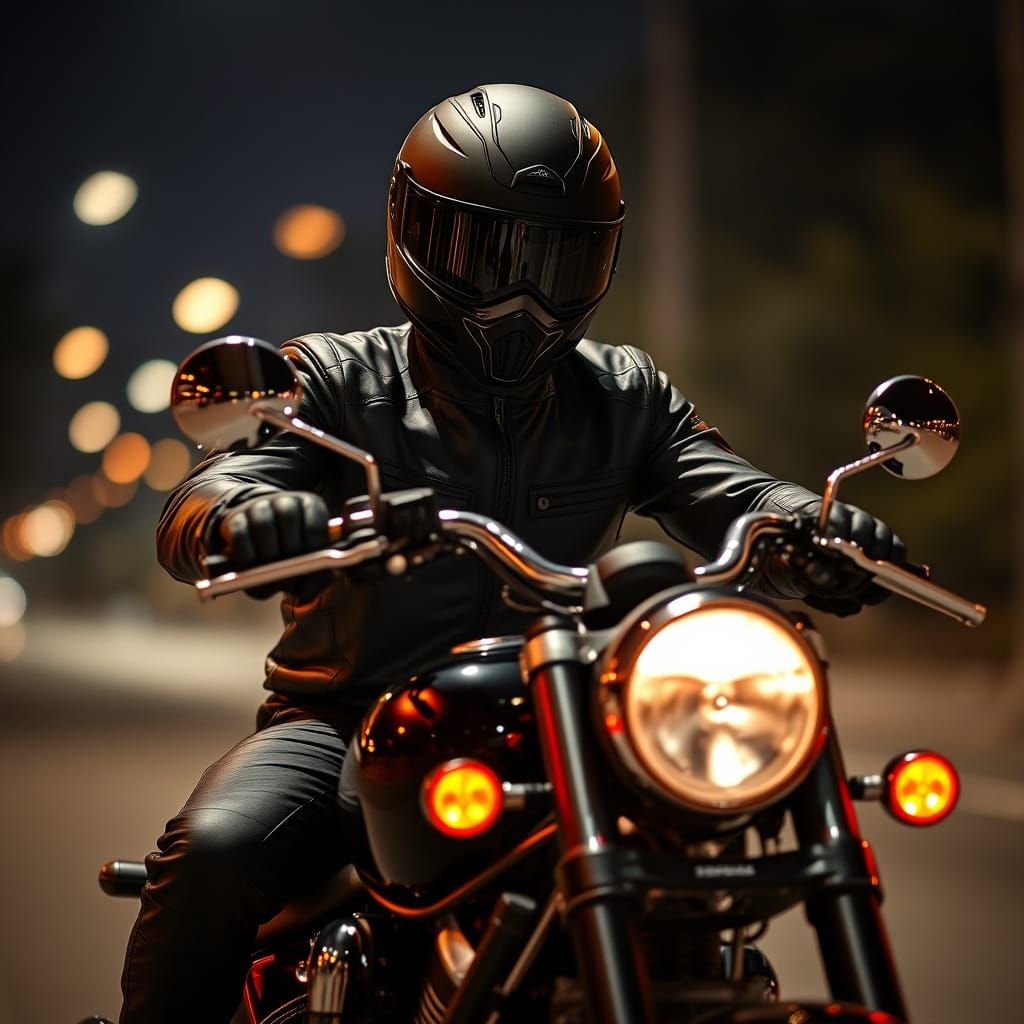 Motorcycle Rider at Night with Chrome Flames
