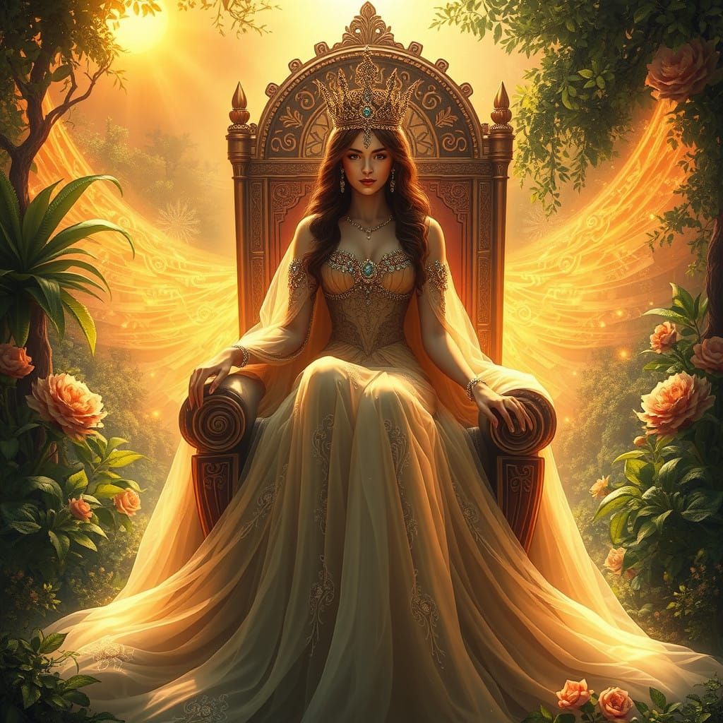 Ethereal Queen in Art Nouveau-Inspired, Dreamy Landscape