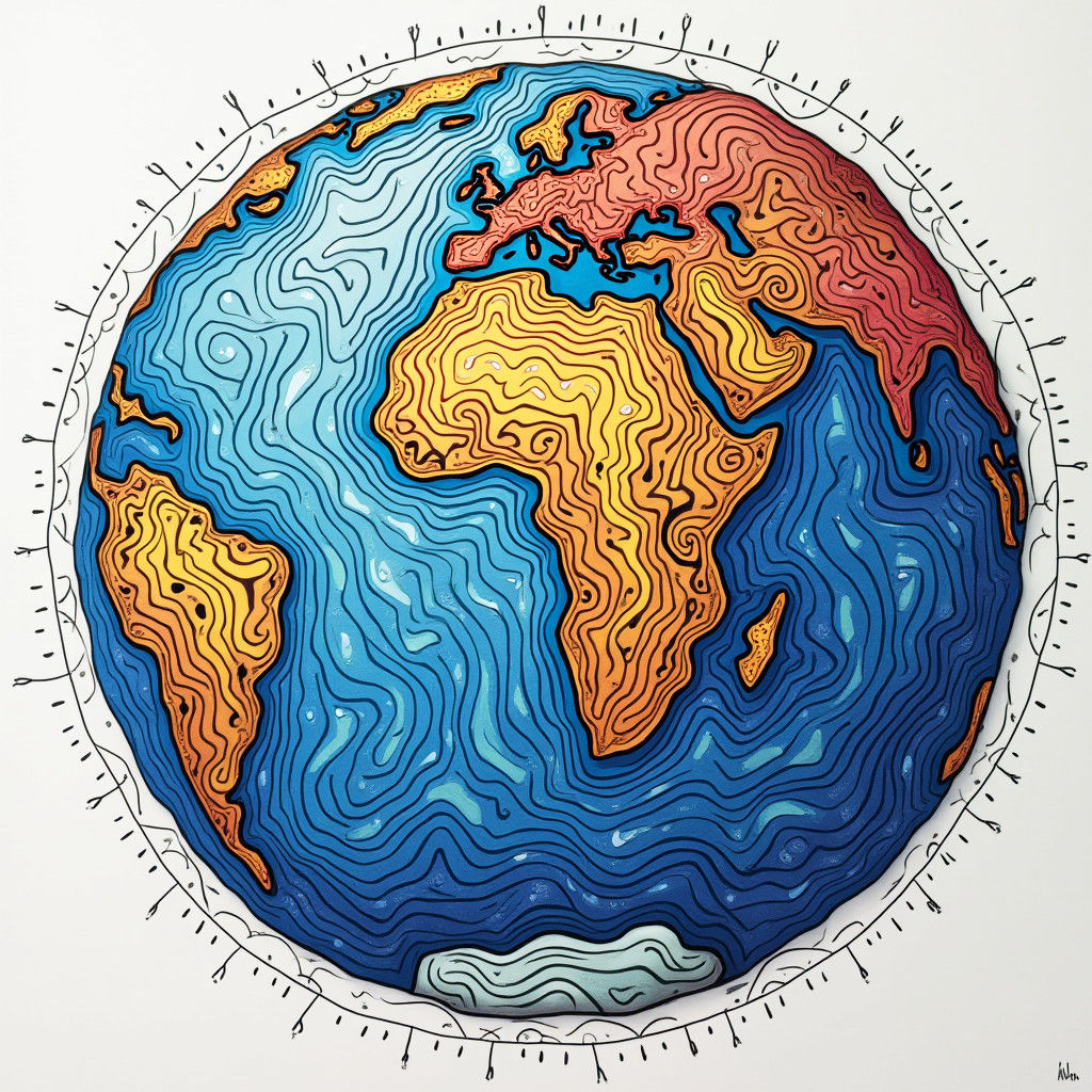 Whimsical Doodle of Earth with Abstract Fractals