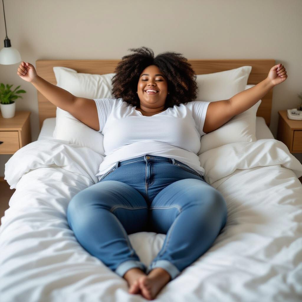 Joyful Overweight Woman Relaxing in Bed