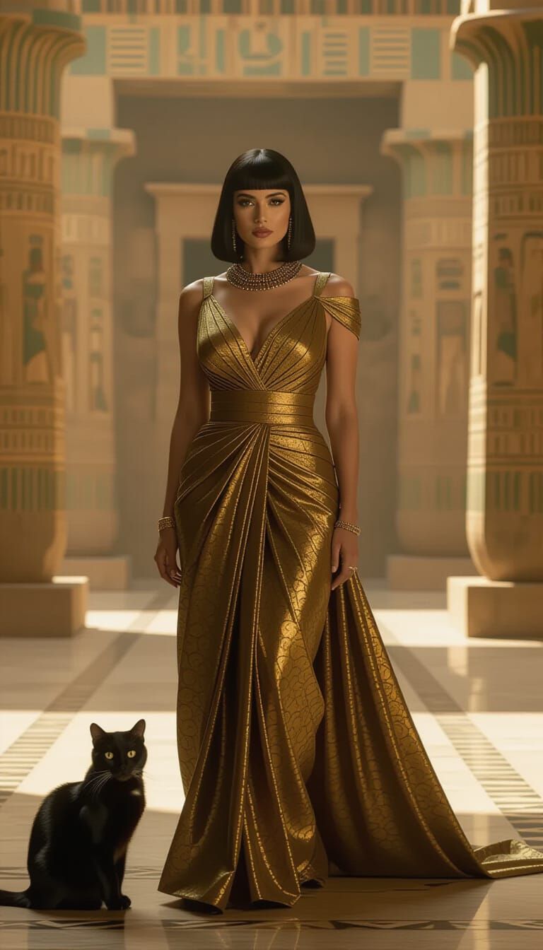 Mesmerizing Woman and Cat in Ancient Egypt, Fashion Photogra...