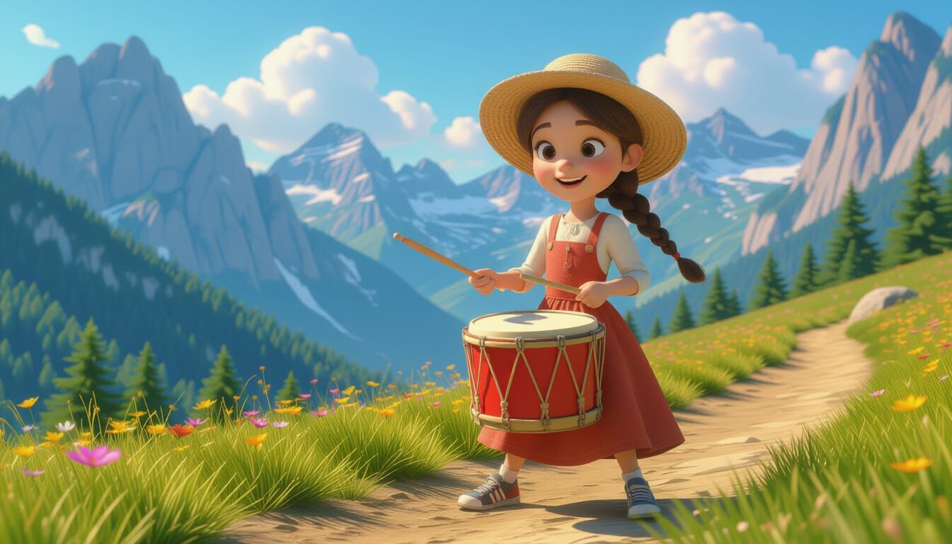 Cheerful Girl Plays Drum on Mountain Path in Pixar Style
