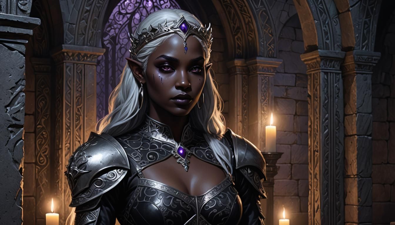 Drow in Gothic Chamber with Mirror, Hyper-Realistic Illustra...