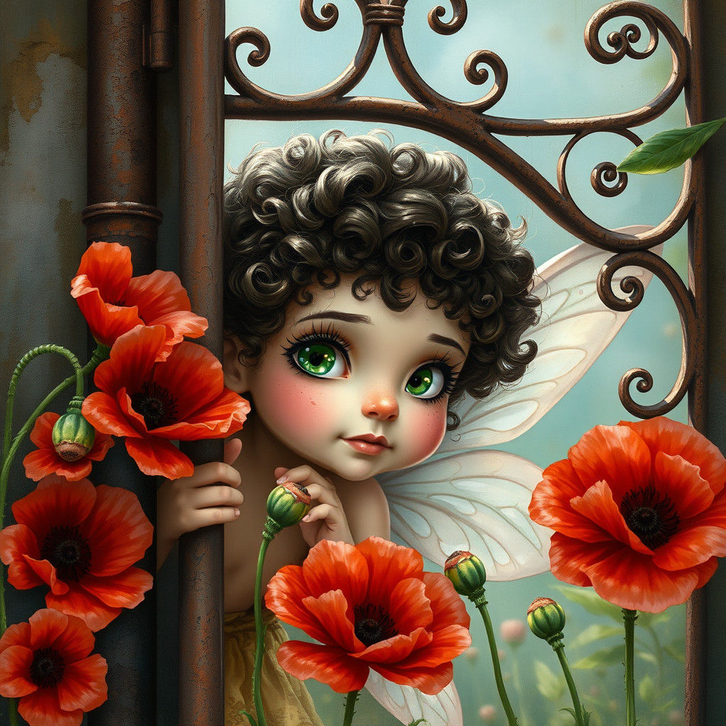 Mischievous Fairy Hiding Behind Poppy Gate