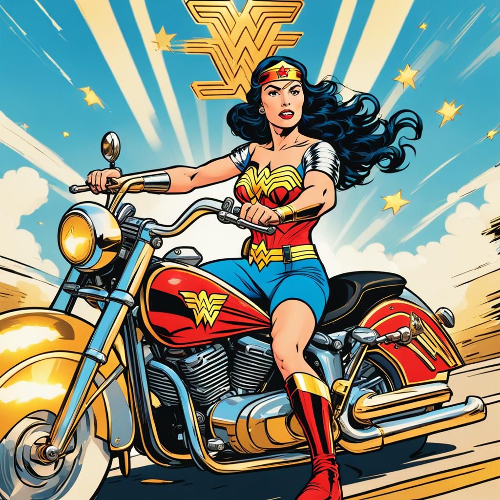 Wonder Woman Rides a Retro Motorcycle in Comic Style