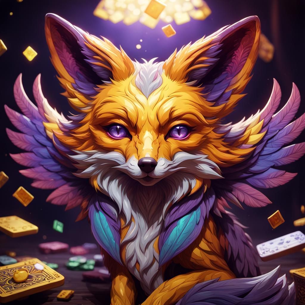 Rainbow Winged Poker Fox in Dark Fantasy Style