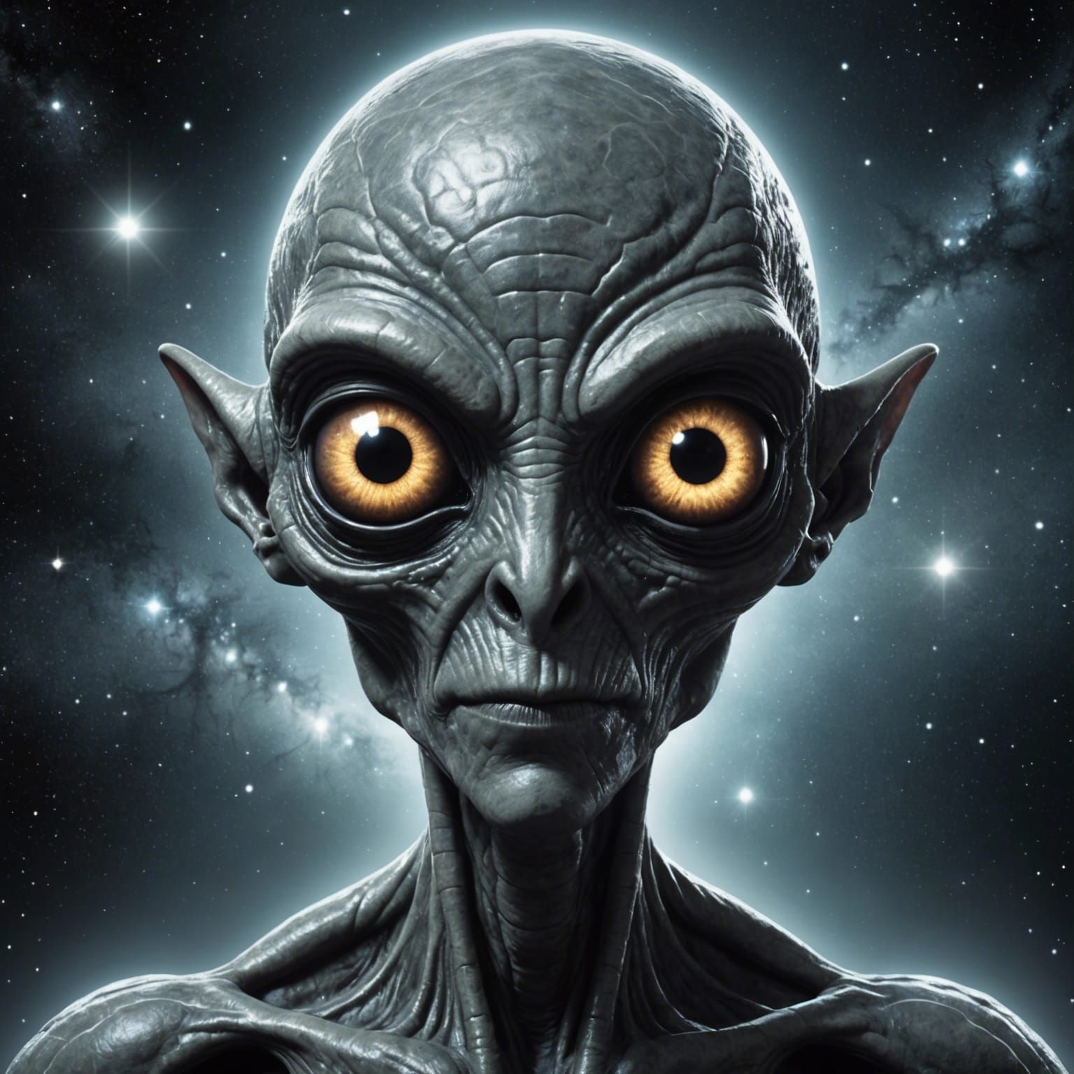 Cosmic Grey Alien Portrait with Glowing Eyes