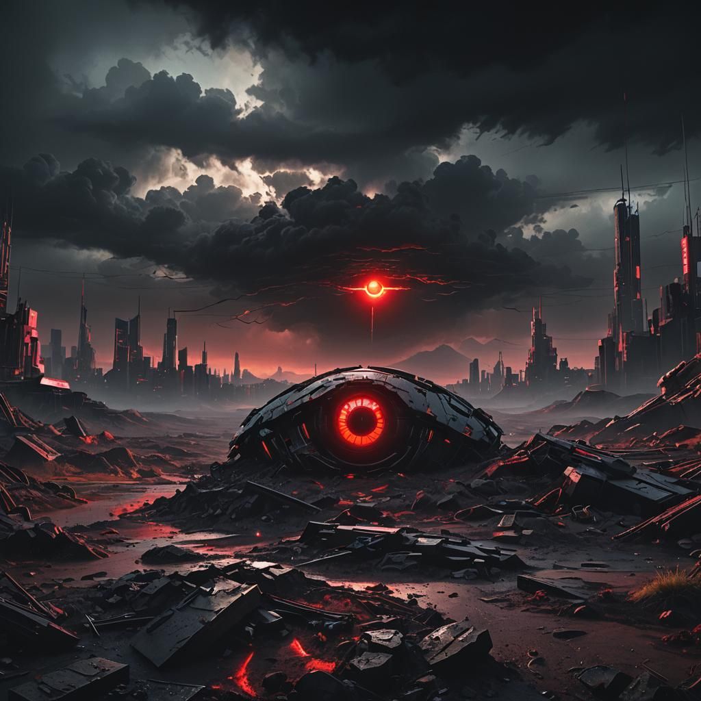 Cyberpunk Red Eye in Dark Apocalyptic Landscape