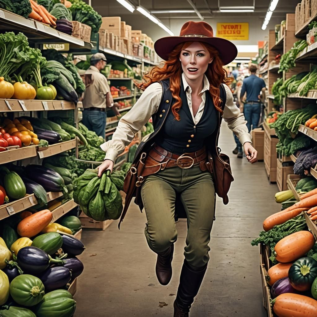 Vegetable Aisle Showdown: Hyperrealistic Gunfighter Chase