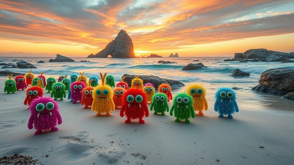 Whimsical Pom Pom Beach Monsters with Green Eyes