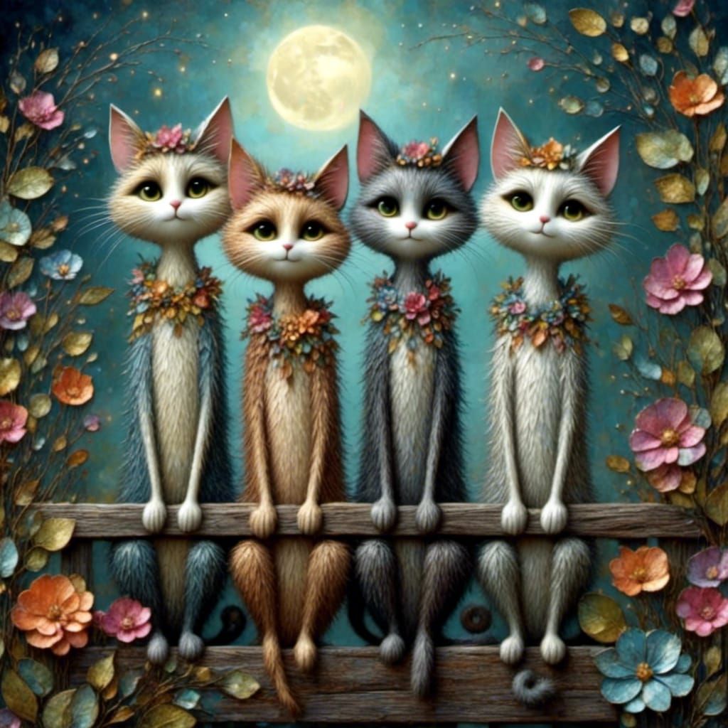 Whimsical Long-Necked Cats Singing in Moonlight