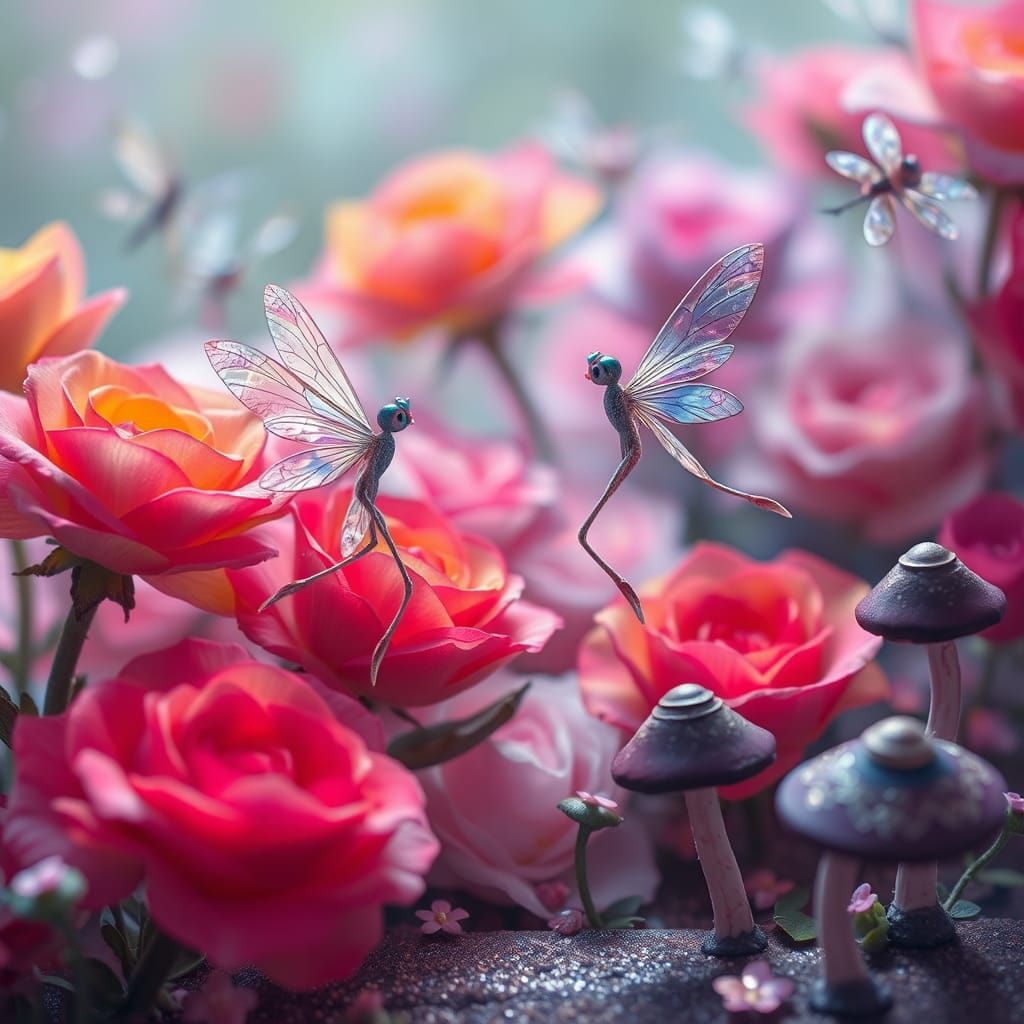 Dragonfly Pixies Dancing on Rainbow Roses