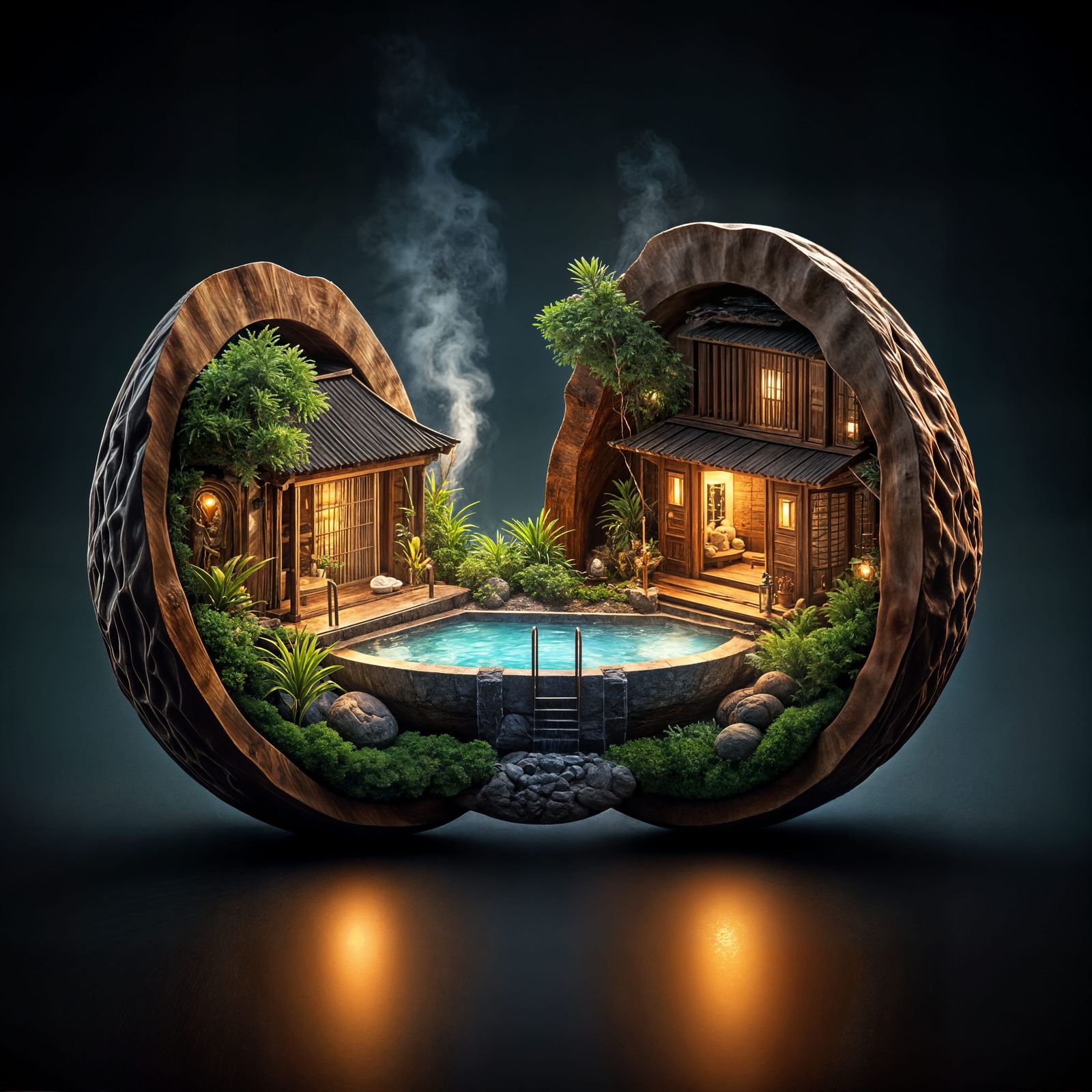Miniature Spa Resort in Walnut Shell