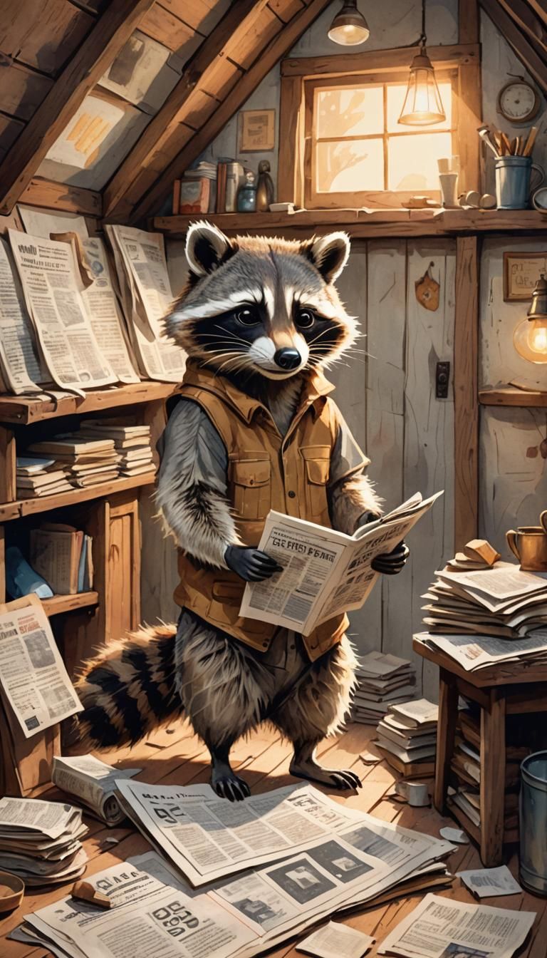 Raccoon Reads News in Cozy Watercolor Attic
